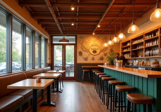 The warm and inviting interior of the Cycle & Sip cafe. Soft lighting and comfortable seating create a welcoming ambiance.