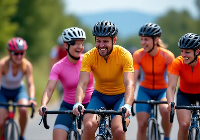 A group of happy cyclists, dressed in bright gear, laughing and chatting during a break on a sunny day ride.