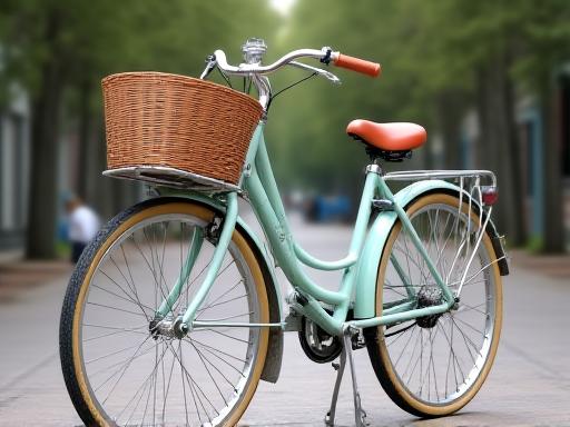 A comfortable city cruiser bike featuring an upright riding position, wide handlebars, and a practical wicker basket on the front, ideal for relaxed urban exploration.
