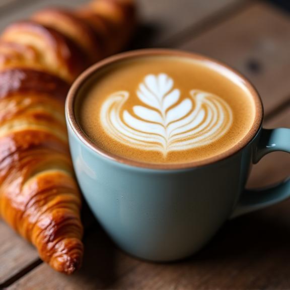 A beautiful latte art delicately poured into a mug next to a golden-brown, flaky croissant on a wooden table, emphasizing freshness.