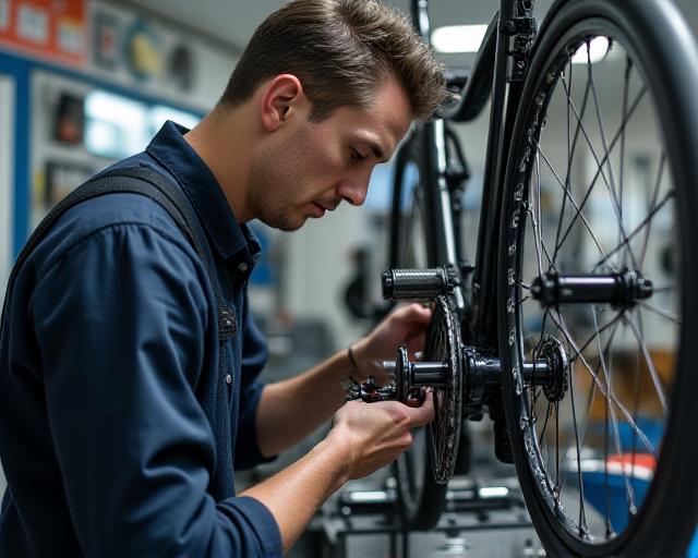 A skilled mechanic meticulously adjusting the gears of a bicycle in a well-lit workshop, surrounded by tools, ensuring precision.
