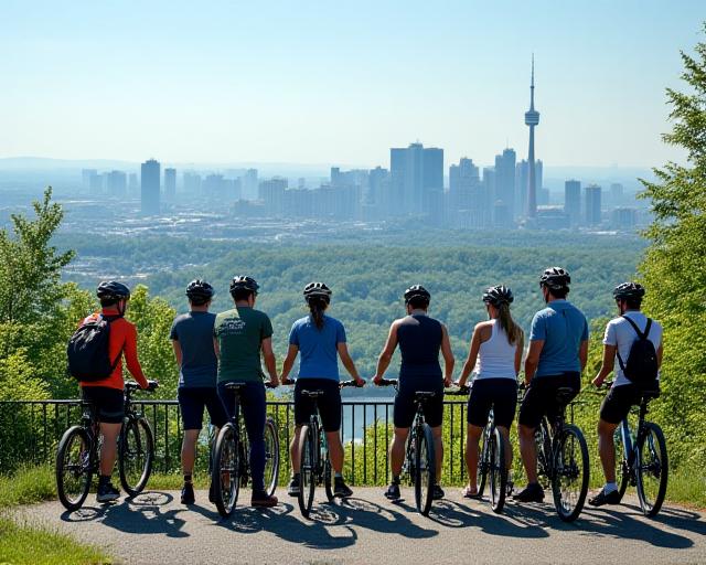 A diverse group of cyclists on a guided tour, pausing to admire a scenic city overlook, with downtown Toronto visible in the distance.